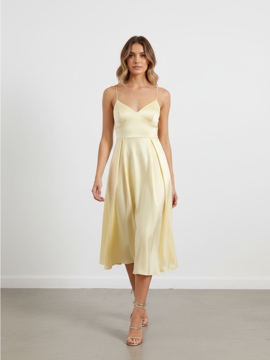 Dresses & Skirts - Elegant Pale Yellow Midi Dress with Spaghetti Straps